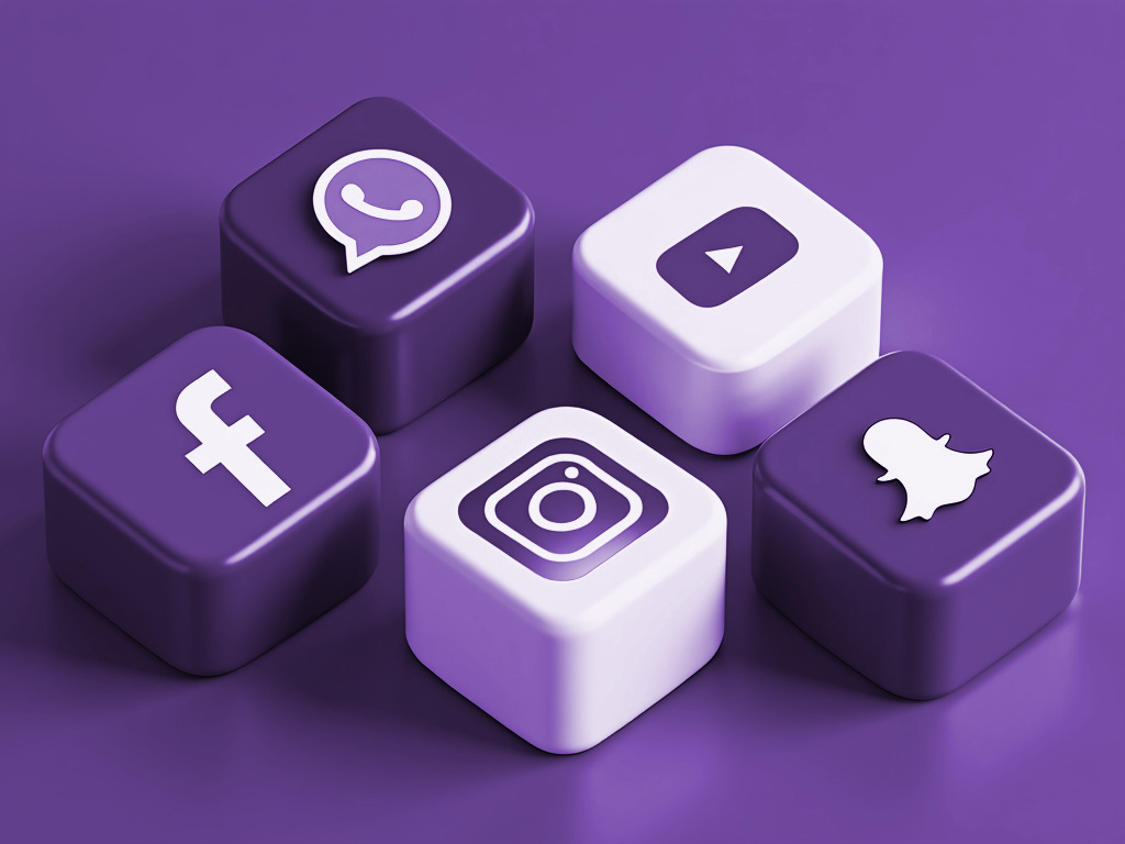 Afbeelding van 3D kubussen met aan elke kant een ander social media logo.