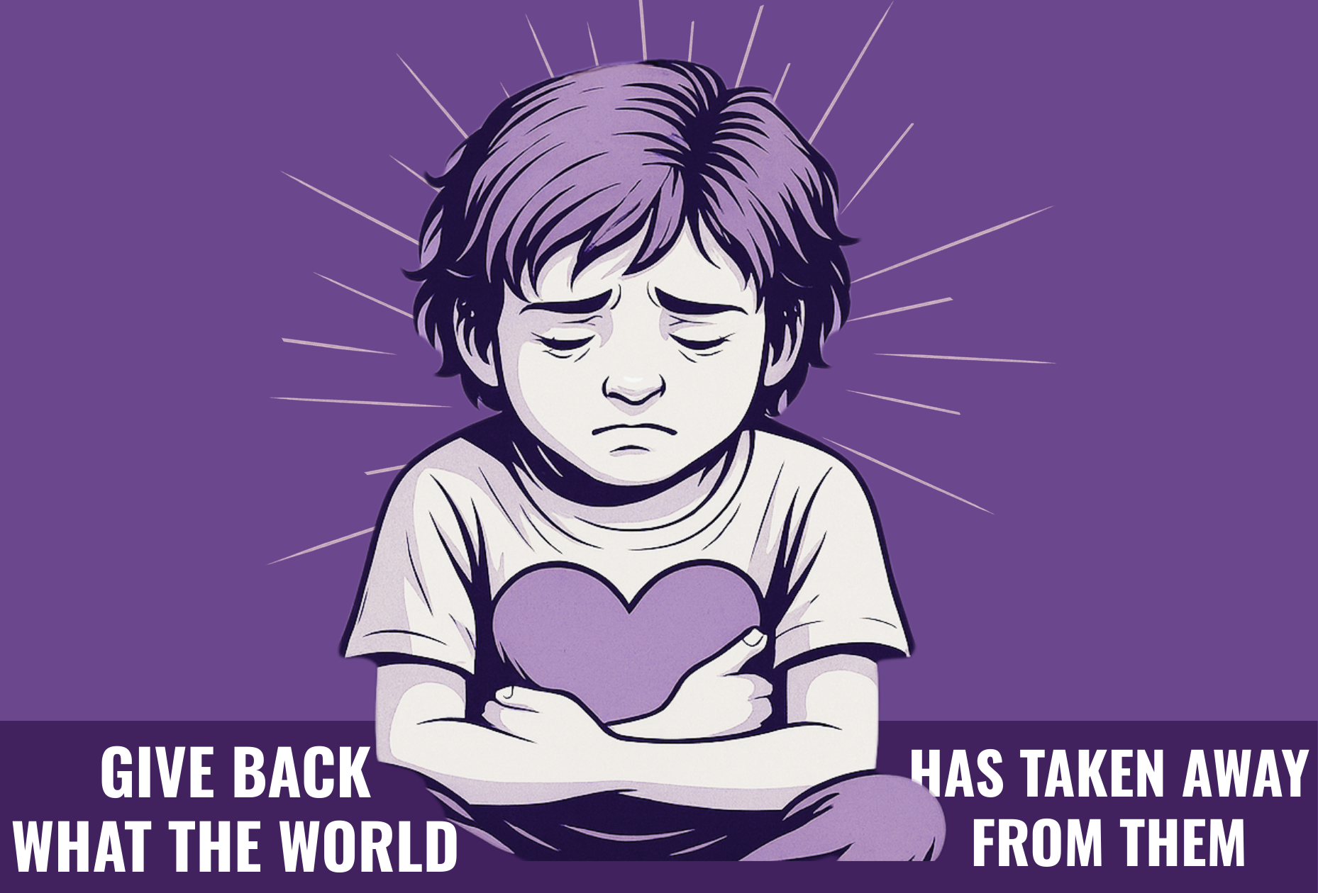 Afbeelding van een verdrietig kind die met de armen om een hart heen zit, als symbool voor verlies en de nood om terug te geven wat de wereld hen heeft ontneemt.